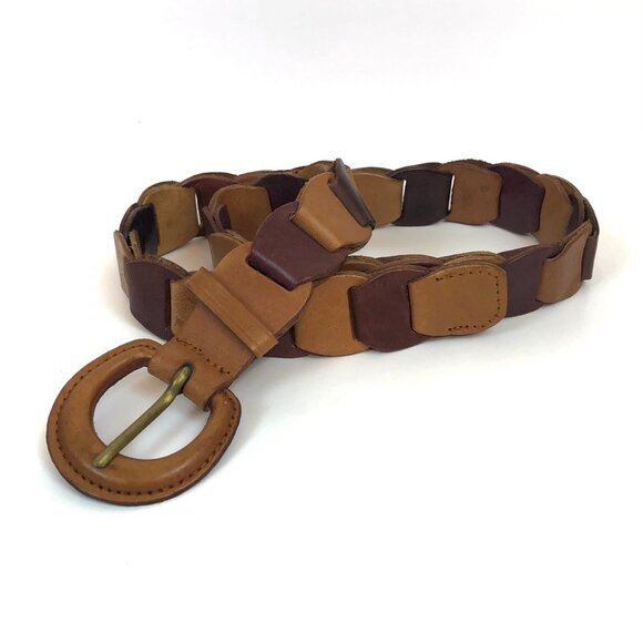 Vtg Leather Chain Link Belt Multicolor Size S 26"-31.5" Earth Tone Boho Woven - Picture 1 of 12